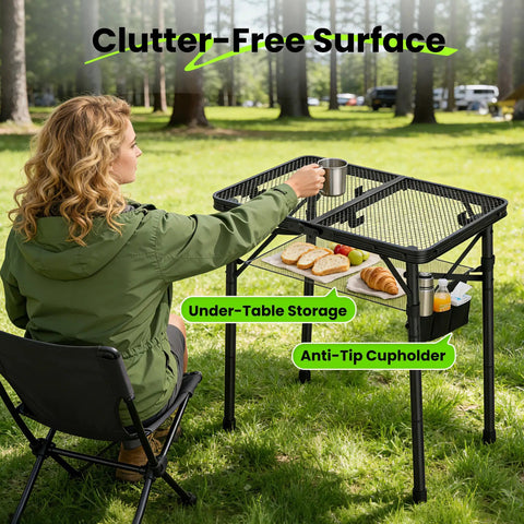 Adjustable Folding Camping Table With Three Height Levels Up To 27 Inches Perfect Grill Prep Table in use outdoors with food and drink on it