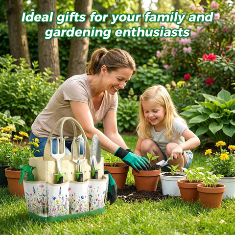 Heavy Duty Gardening Tools 10 Piece Set With Durable Stainless Steel Hand Tools Organizer Handbag being used in a garden