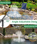 Beefy 25W Solar Fountain Pump With 340GPH Flow, angle adjustable, in garden pond with rocks and greenery, includes 16.5ft cord.