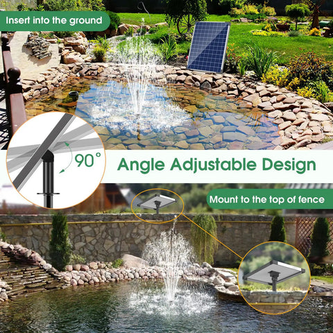 Beefy 25W Solar Fountain Pump With 340GPH Flow, angle adjustable, in garden pond with rocks and greenery, includes 16.5ft cord.