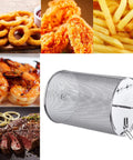 Rotisserie Cage For PowerXL Air Fryers 304 Stainless Steel 10.24x5.57x5.57 Inch with food examples like fries and shrimp