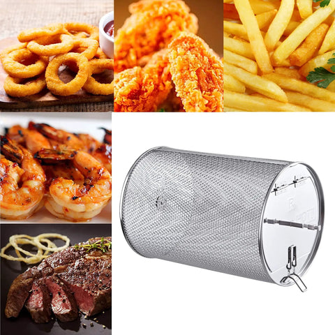 Rotisserie Cage For PowerXL Air Fryers 304 Stainless Steel 10.24x5.57x5.57 Inch with food examples like fries and shrimp