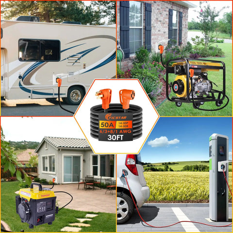 30 Foot 50 Amp RV Extension Cord With Grip Handle Built For Tough Jobs Heavy Duty STW 6 3 And 8 1 Gauge 125 And 250 Volt NEMA 14 50P To 14 50R Cord Organizer UL And ETL Listed in use with RV, generator, and EV charging.