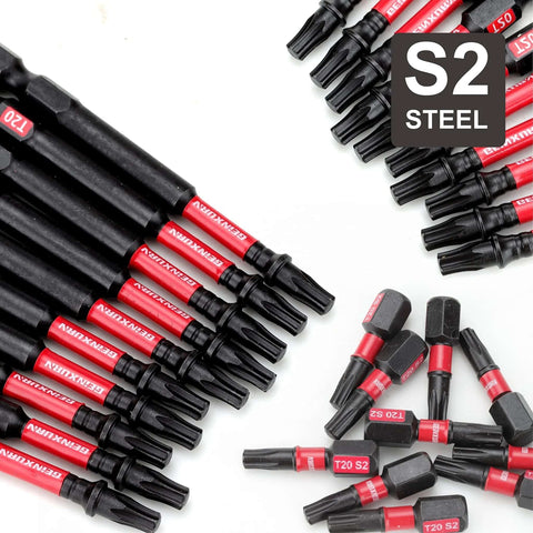 50-piece red and black T25 Torx bit set for impact drivers, magnetic, S2 steel with 2-in bits and holder