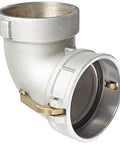 Solid As A Rock Aluminum 90 Degree Elbow Cam And Groove Fitting Featuring 6 Inch Socket And Npt Female Ends for hose attachment.