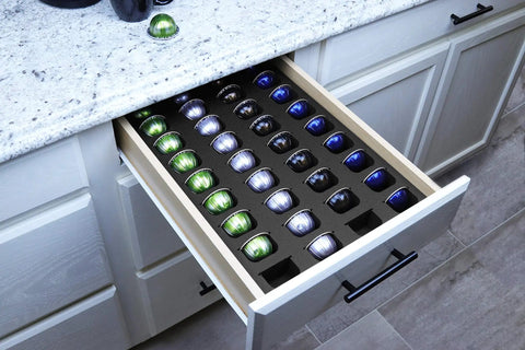 36 Compartment Drawer Organizer For Nespresso Vertuo VertuoLine Coffee Pods Black Waterproof Foam Tray Insert Keeps Kitchen And Home Office Counter Clutter Under Control Washable Fits 12.6 X 17.9 Inches