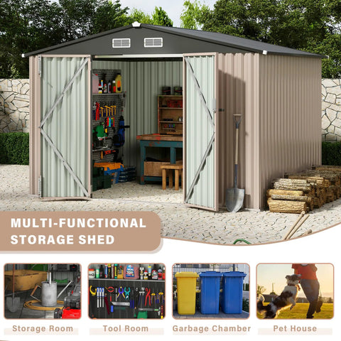 8x10 Ft Metal Outdoor Storage Shed With Sloped Roof, Lockable Door And Air Vents For Backyard, Patio, And Lawn with open doors