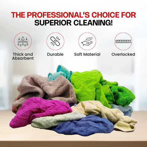Premium Color Terry Cloth Rags 25 Lb Bulk Bag Super Absorbent Cotton Cleaning Rags displayed across table