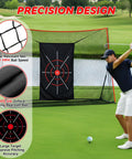 Golfer practicing with 10x7Ft Golf Net With Turf Mat And Noise Free Target For Backyard, Garage, And Terrace Your All In One Practice Net