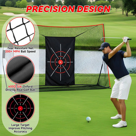 Golfer practicing with 10x7Ft Golf Net With Turf Mat And Noise Free Target For Backyard, Garage, And Terrace Your All In One Practice Net