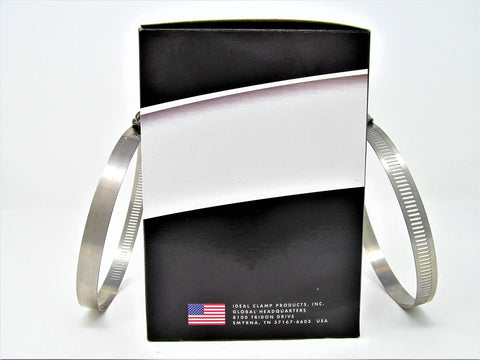 Front view: stainless steel hose clamps (2) leaning against a black Ideal Clamp Products box.