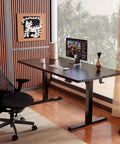 Electric Height Adjustable Sit Stand Desk 48 By 24 Inches with Memory Presets in black, ergonomic setup with chair and monitor
