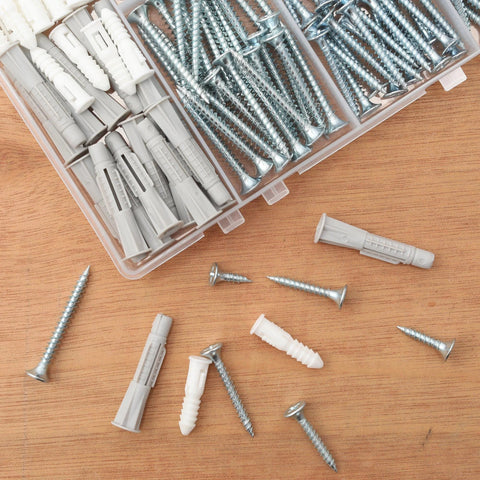 High Hardness Wood Screws Assortment Kit With 203 Pieces And 30 M6 Drywall Anchors And Plastic Wall Anchors shown with open case