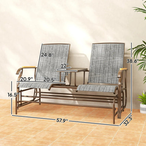 Two Person Outdoor Glider Bench With Built In Table For Patio Hangout Or Porch Gray Swing Loveseat With Breathable Mesh Seats Sturdy Steel Frame For Backyard Chill With A Friend, dimensions displayed, on patio