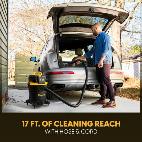 Man using a 6 Gallon 4.5 Peak HP Wet Dry Vacuum With Self Cleaning Filter System For Beast Mode Suction 84 Inch Water Lift
