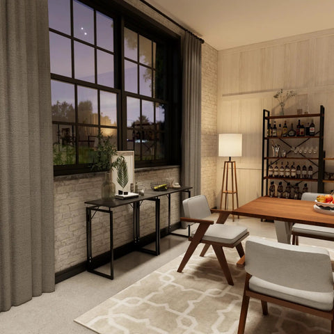 Preassembled Folding Desk With 31.5 Inch Wood Top For Small Spaces against a brick wall, surrounded by modern decor in a living room.