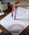 6 Inch Compass And Protractor Gear For Geometry And Drafting, Precision Circle Maker With Sturdy Grip And Smooth Handling, Ideal For Classrooms, DIY Projects, Art And Design, Arc And Circle Creation; hand using pink compass on drafting plan