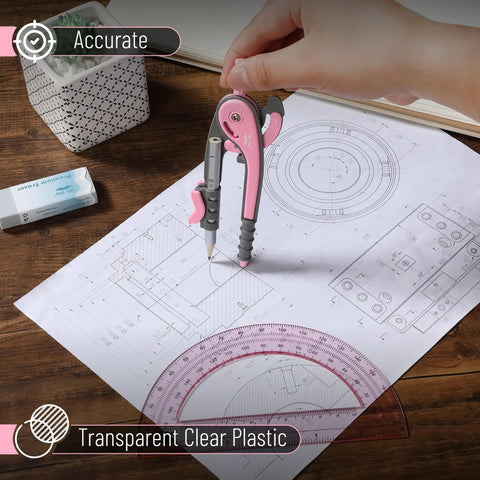 6 Inch Compass And Protractor Gear For Geometry And Drafting, Precision Circle Maker With Sturdy Grip And Smooth Handling, Ideal For Classrooms, DIY Projects, Art And Design, Arc And Circle Creation; hand using pink compass on drafting plan