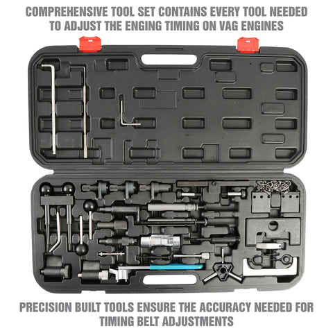 Open case showing Pro Grade 37 Piece Engine Timing Tool Set For VW And Audi Timing Belt Service Kit with organized tools.