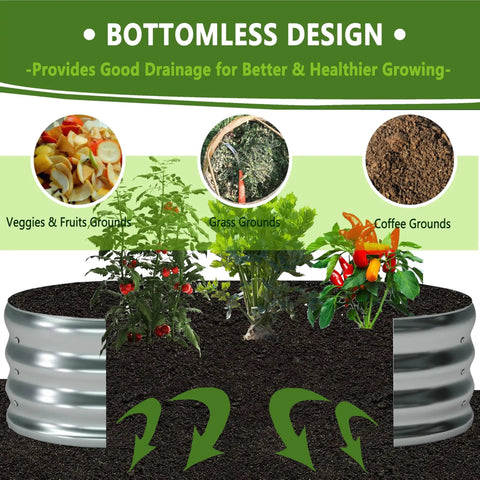 Galvanized Oval Raised Garden Bed 8x4x1ft Two Pack Outdoor Planter Box Kit showing plants and bottomless design for drainage.