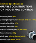 Technical specifications of Rotary Switch With 2-Position Maintained Selector No NC Latching, 22mm Panel Mount, 220VAC 10A.