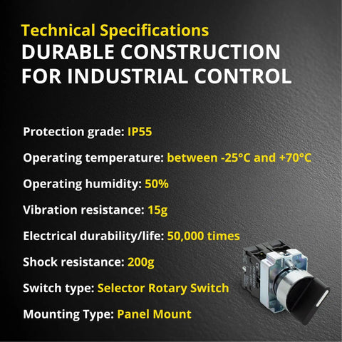 Technical specifications of Rotary Switch With 2-Position Maintained Selector No NC Latching, 22mm Panel Mount, 220VAC 10A.