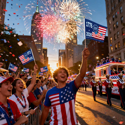 People celebrate with 250th Anniversary USA Flags On Sticks 5X8 Inch Mini Handheld Flags during a parade with fireworks