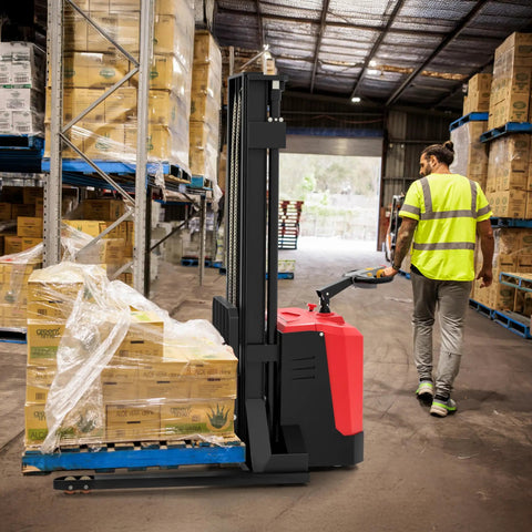 Heavy Duty Electric Pallet Stacker With Stand, 4400 Lbs Capacity, 216 Inch Lift, in warehouse moving pallets