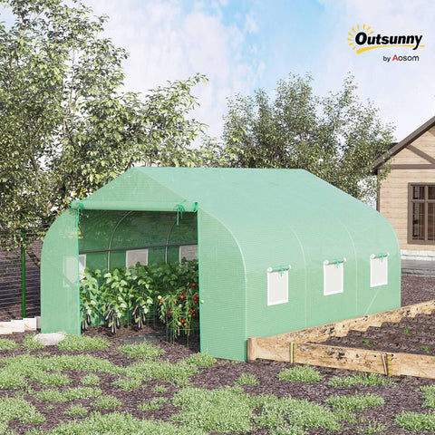 Walk In Outdoor Greenhouse Tent With Roll Up Windows And Zippered Door, Heavy Duty Steel Frame, PE Cover, 11.5 Ft By 10 Ft By 6.5 Ft, Green Tunnel Greenhouse For Easy Season Extension, Plant Protection And Ventilation