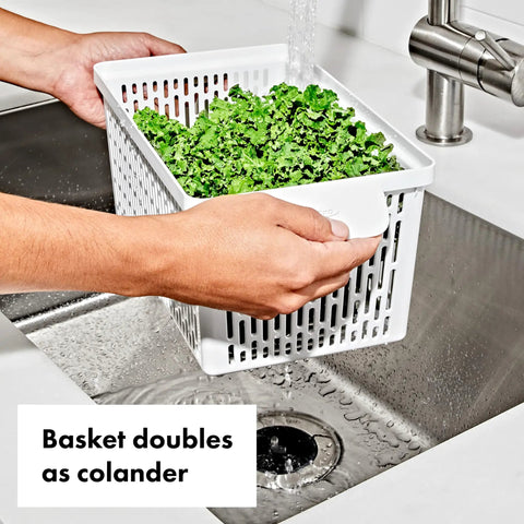 Produce Saver Bin With Adjustable Divider For Fresh Produce Storage In Fridge Medium White BPA Free Organizer colander use