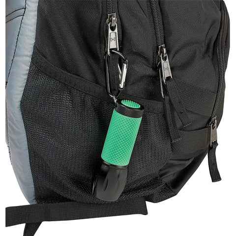 RedSight Red LED Flashlight with XL glow grip attached to backpack for astronomy and night vision preservation.