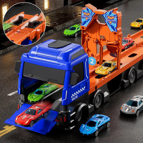 24 Die Cast Cars Included Transport Truck Toy For Kids Ages 3 To 7 on street with built-in storage and colorful die-cast cars