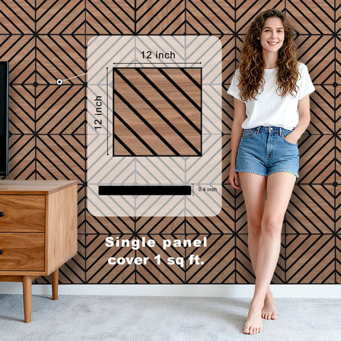 Teak Acoustic Wall Panels 16 Pack 12x12 Inch Sound Dampening Home Office Setup displayed in room with dimensions.