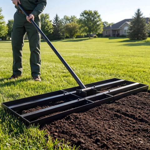 Person using 35 Inch Wide Lawn Leveling Rake With 6.5 Ft Long Handle, Heavy Duty Yard Leveler on dirt in a garden.