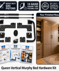 Queen Size Murphy Bed Hardware Kit Featuring Bulletproof Gas Piston Lift Systems and assembly instructions laid out for DIY use.