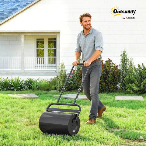 Man using 20 Inch Push And Tow Behind Lawn Roller Filled With 10 Gallons Of Water Or Sand, Heavy Duty Yard Roller in garden