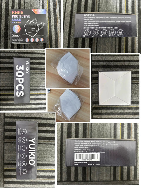 Collage of KN95 Face Mask 5 Ply Disposable Respirator Pack Of 30 For Adults White packaging and masks.