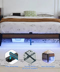 Modern Queen Platform Bed Frame Featuring Smart Rgb Led Lights And Usb Charging Station, showcasing easy assembly and sturdy metal support.
