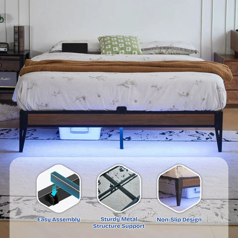 Modern Queen Platform Bed Frame Featuring Smart Rgb Led Lights And Usb Charging Station, showcasing easy assembly and sturdy metal support.