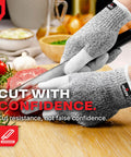 Person using Three Finger Reinforced Cut Resistant Kitchen Gloves For Women And Men With Stainless Steel Thread Protection.