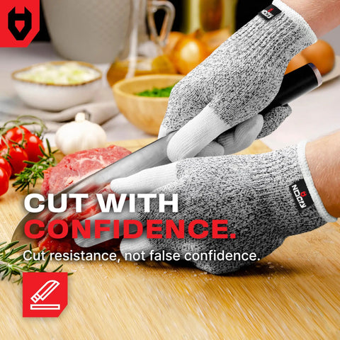 Person using Cut Resistant Kitchen Gloves For Food Prep And DIY, Three-Finger Reinforced Design With Stainless Steel Thread cutting meat