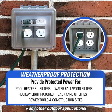 Two Gang Weatherproof In Use Outlet Cover For Outdoor Plugs And Receptacles, Lockable, UL Extra Duty, installed on brick wall