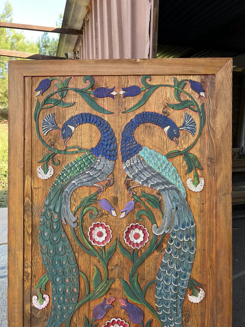 Handcrafted Wooden Sliding Barn Door With Peacock And Floral Design For Rustic Farmhouse Cabin Decor Hand Painted Distressed Wood Door For Mountain And Lake Homes, featuring detailed peacock carvings.
