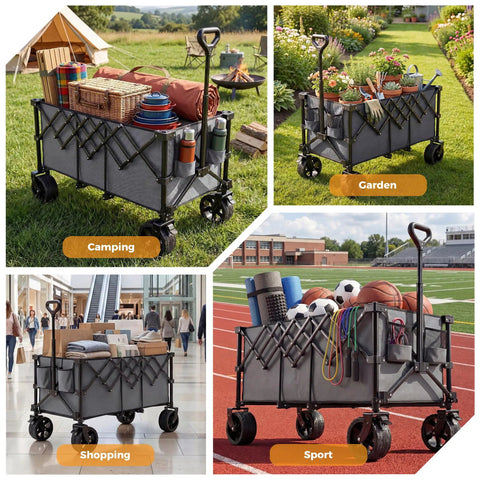 49 Inch Foldable Collapsible Grocery Wagon Cart With 440 Lb Capacity On Wheels for Camping Beach Shopping Garden and More
