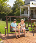 Three Seat Porch Swing With Stand Outdoor Patio Bench For Garden And Poolside Use With Comfy Cushioned Seat Side Trays And Durable Metal Chains Carbonized Brown