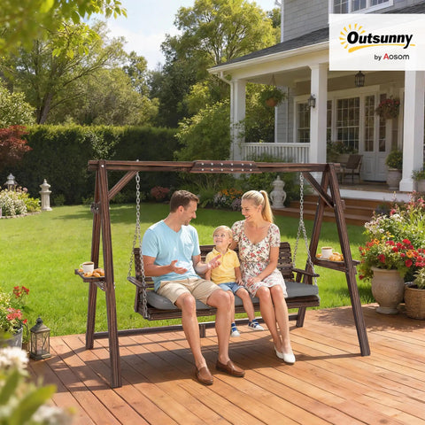 Three Seat Porch Swing With Stand Outdoor Patio Bench For Garden And Poolside Use With Comfy Cushioned Seat Side Trays And Durable Metal Chains Carbonized Brown