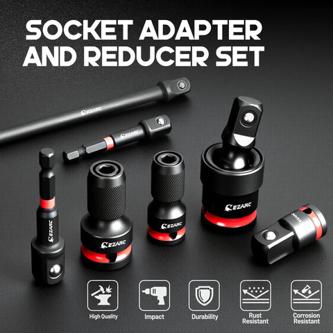Heavy Duty Impact Socket Adapter Set With Universal Swivel Joints, CR-MO And CR-V Hardware, arranged in a display.