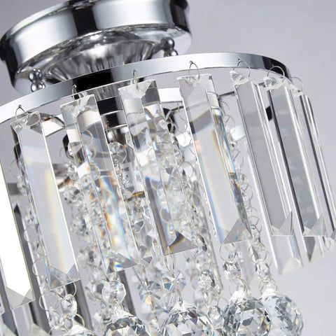 Close-up view of a Mini Chrome Crystal Chandelier For Modern Pads, Semi Flush Mount Round Ceiling Light Fixture with crystal pendants.