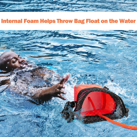 Rescue Throw Bag With 8mm Floating Rope For Water Rescue Kayak Tow Line Boat And Canoe Accessories Supports Up To 1845 Pounds At Fifty Feet Adjustable Strap And Buckle used in water rescue showing internal foam visibility.