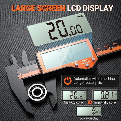 6 Inch Digital Caliper With Large LCD Screen For Precise Readings In Inch Metric And Fraction Conversion Auto Off Feature Ideal For DIYers Woodworking And Home Projects Orange Body